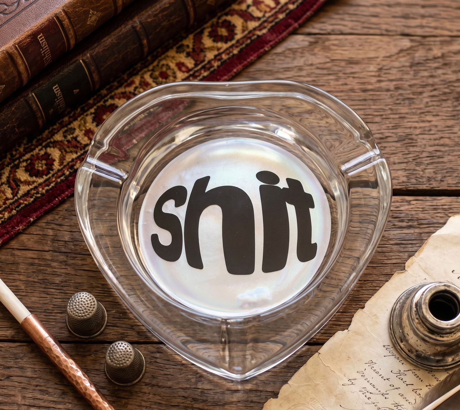 THE "SHIT" HEART SHAPED GLASS ASHTRAY