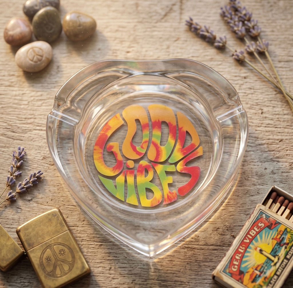 THE "GOOD VIBES" HEART-SHAPED GLASS ASHTRAY