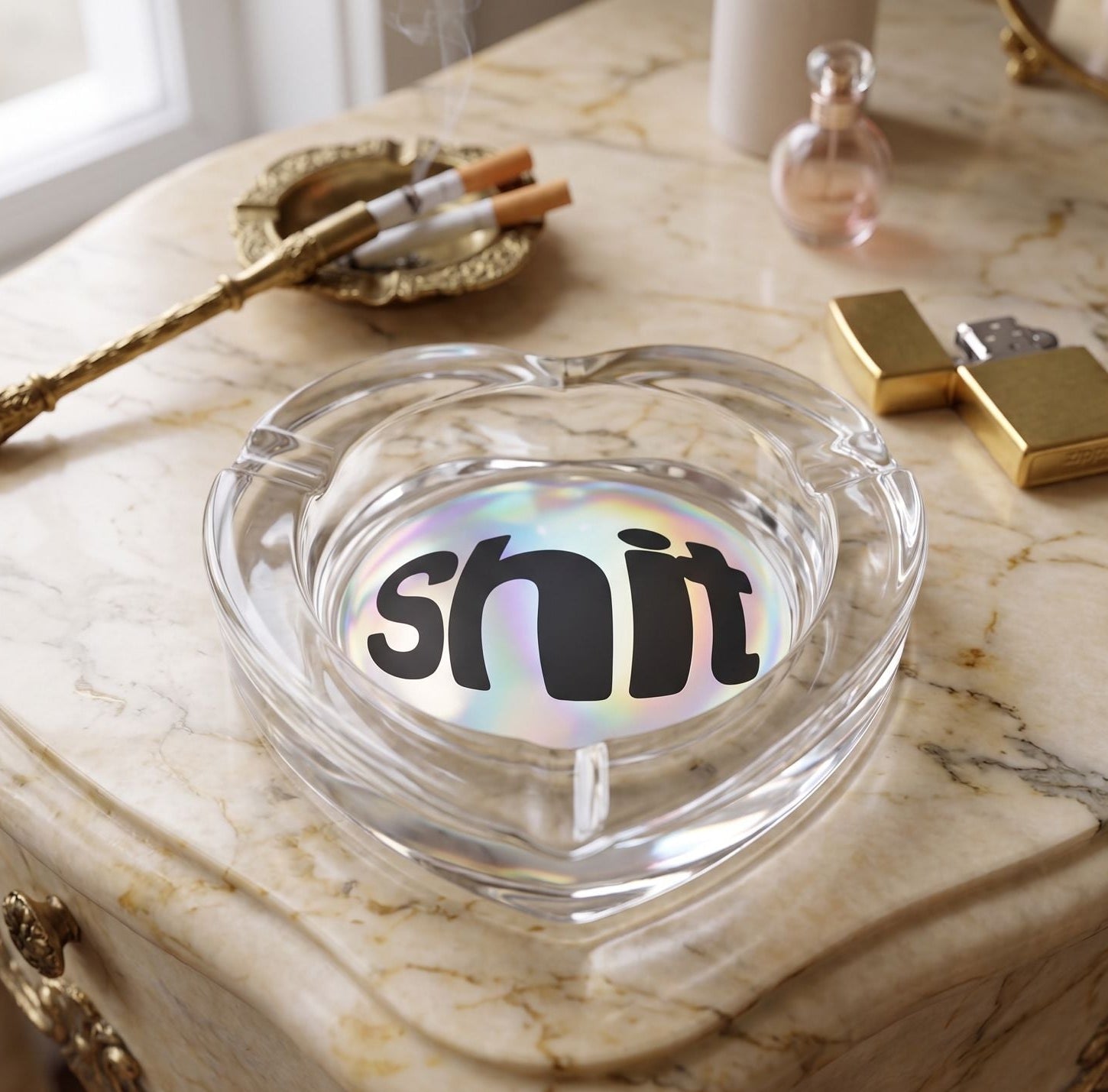 THE "SHIT" HEART SHAPED GLASS ASHTRAY
